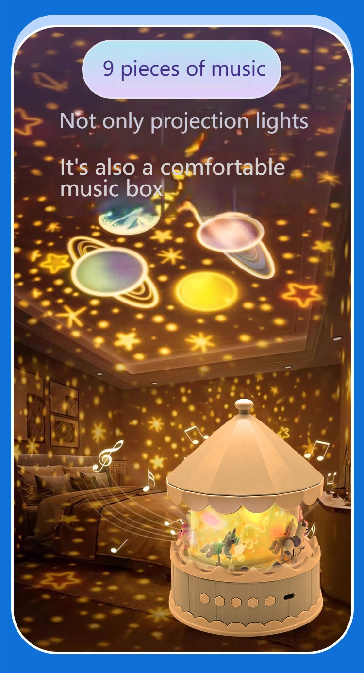 360° Rotating Carousel Projector Lamp with Remote Control | Music Box Night Light | 21 Film Slides | Rechargeable & Multi-Color Ambient Light